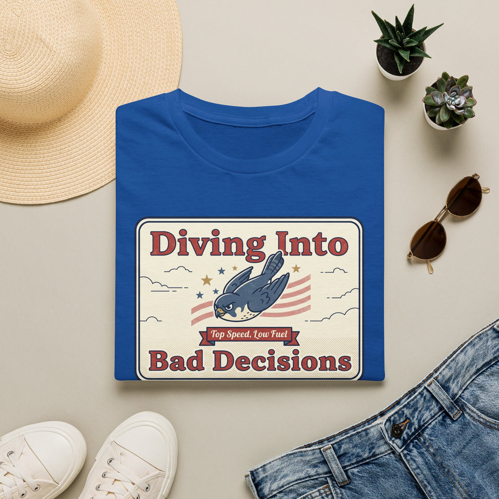 Royal blue T-shirt with retro shark graphic and "Diving Into Bad Decisions" text.