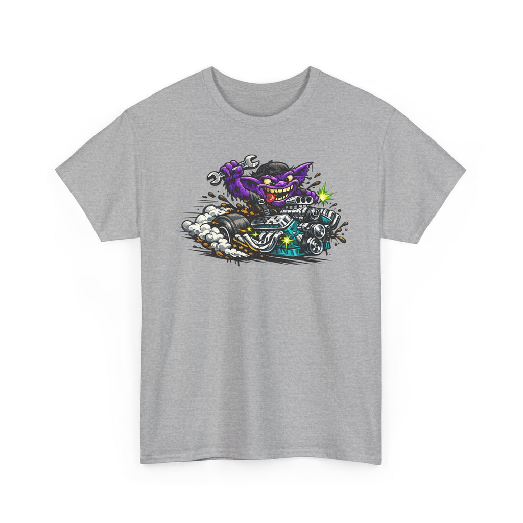 Unisex sport grey T-shirt with purple grinning cat biker motorcycle graphic on front.