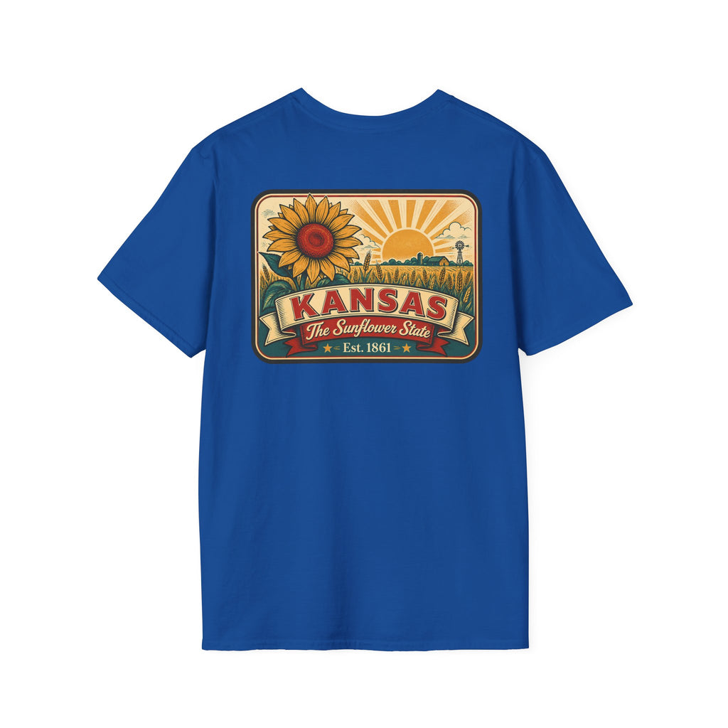Kansas sunflower badge graphic T-shirt, royal blue, crew neck short sleeves