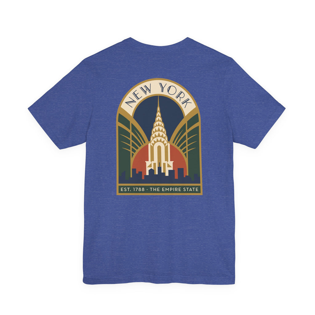 Royal blue T-shirt with large round New York skyline emblem graphic