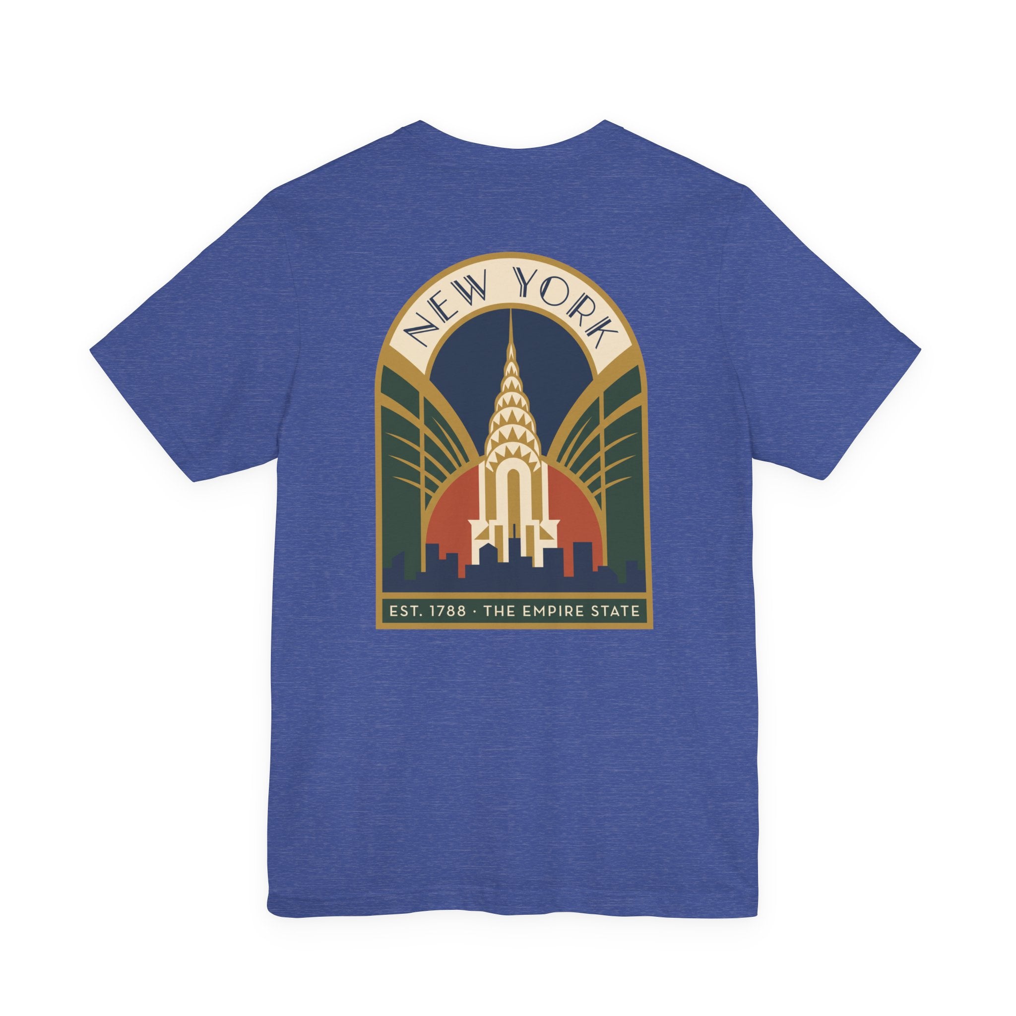 Royal blue T-shirt with large round New York skyline emblem graphic