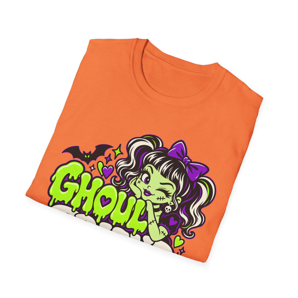 Orange Halloween monster graphic T-shirt with Ghoul text and cartoon girl bat illustration