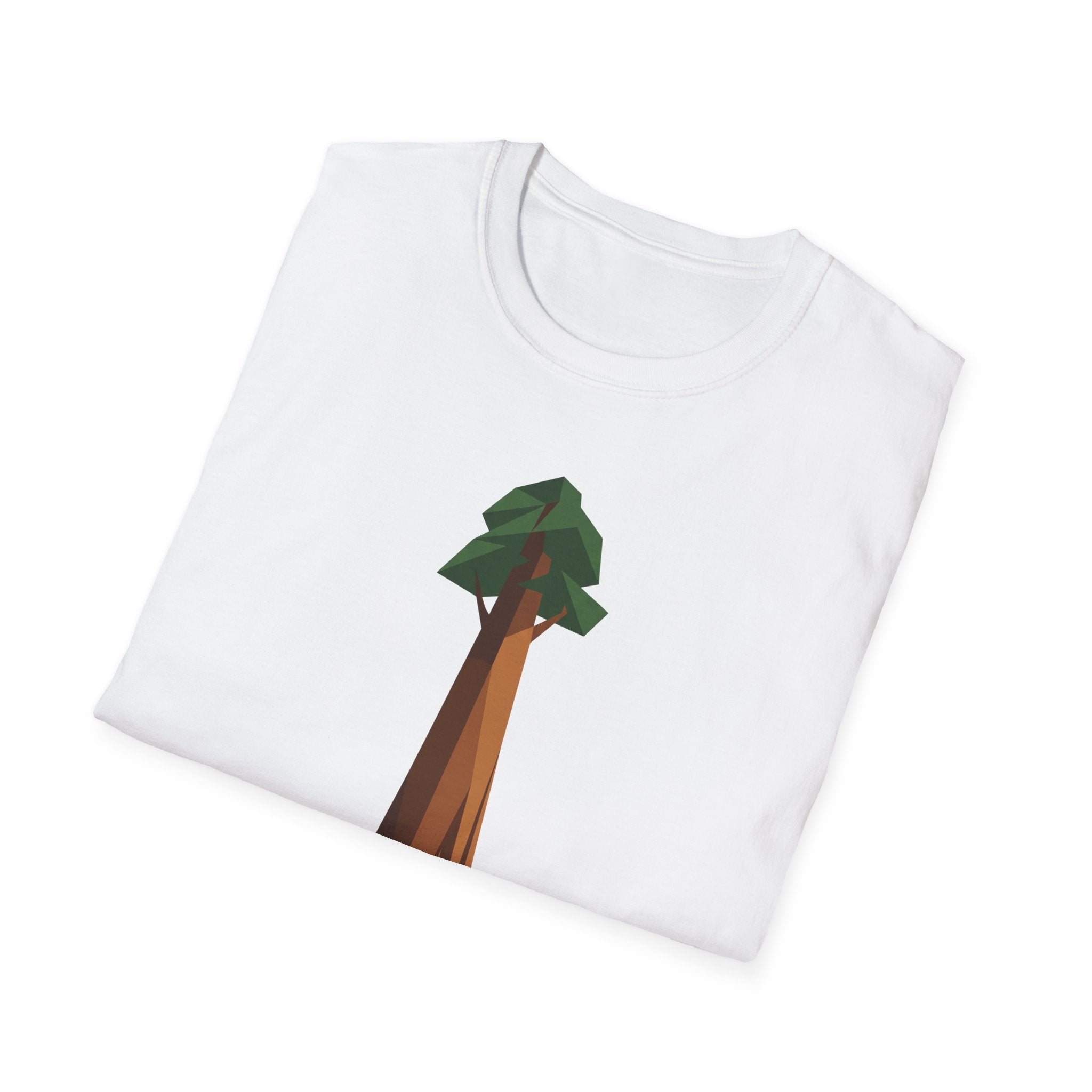 White crew-neck T-shirt with geometric low-poly redwood tree graphic (partial)