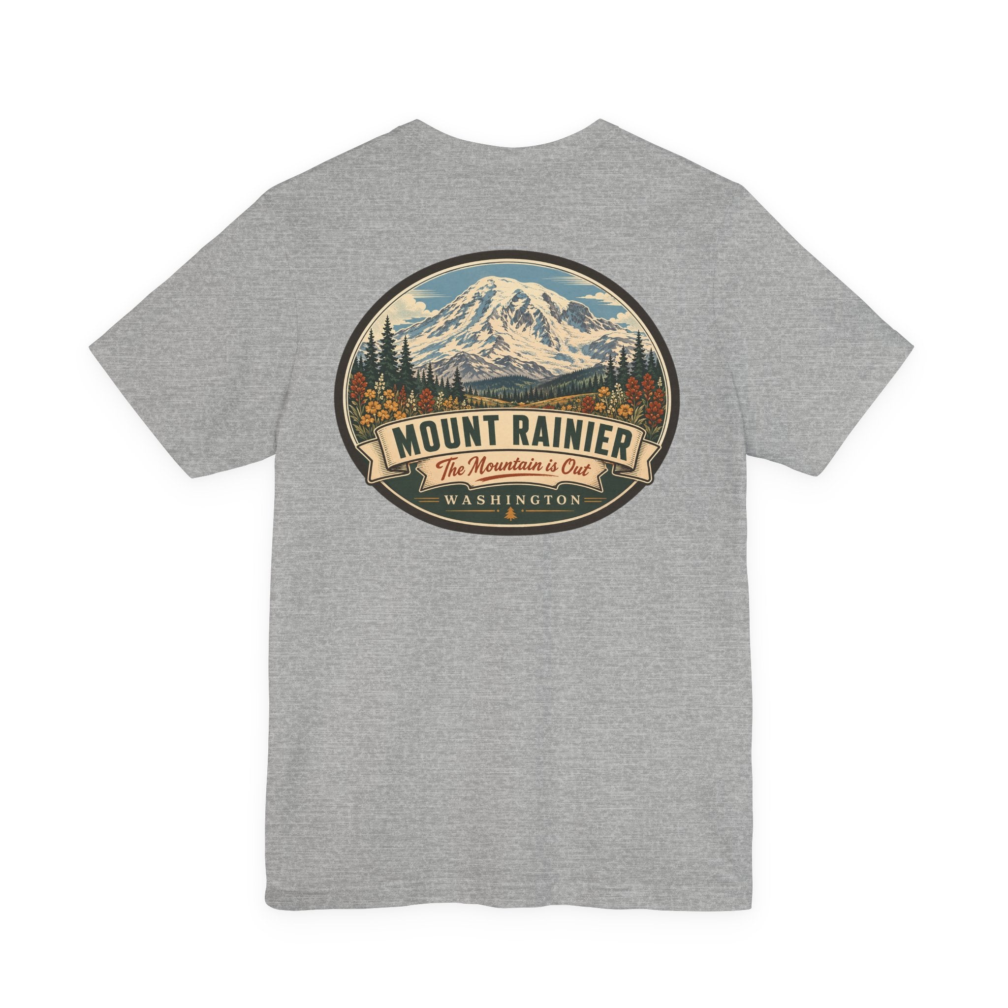 Dark gray heather crewneck T-shirt with large oval Mount Rainier graphic on chest