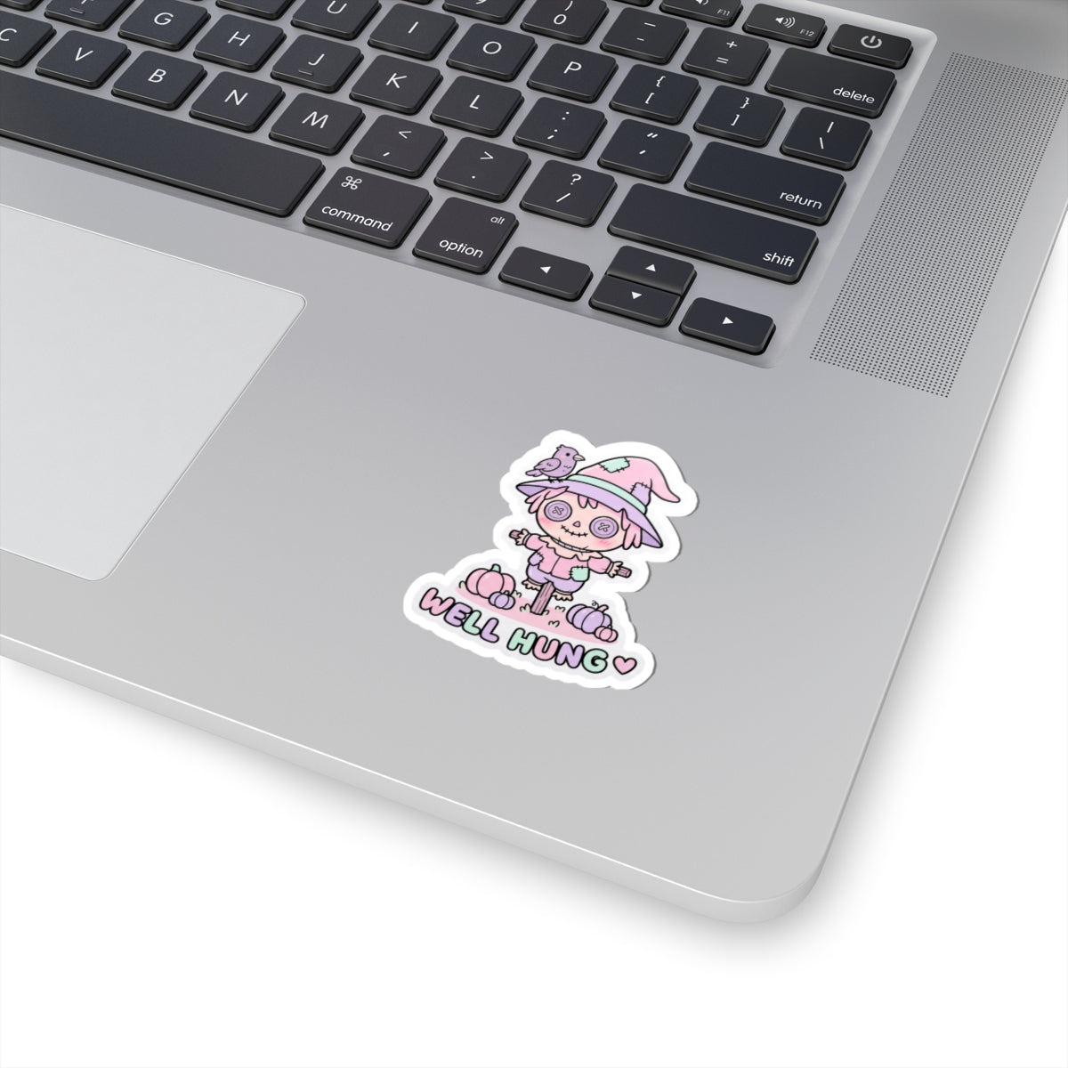 Pastel scarecrow sticker with pink hat and 'WELL HUNG' text, kiss-cut