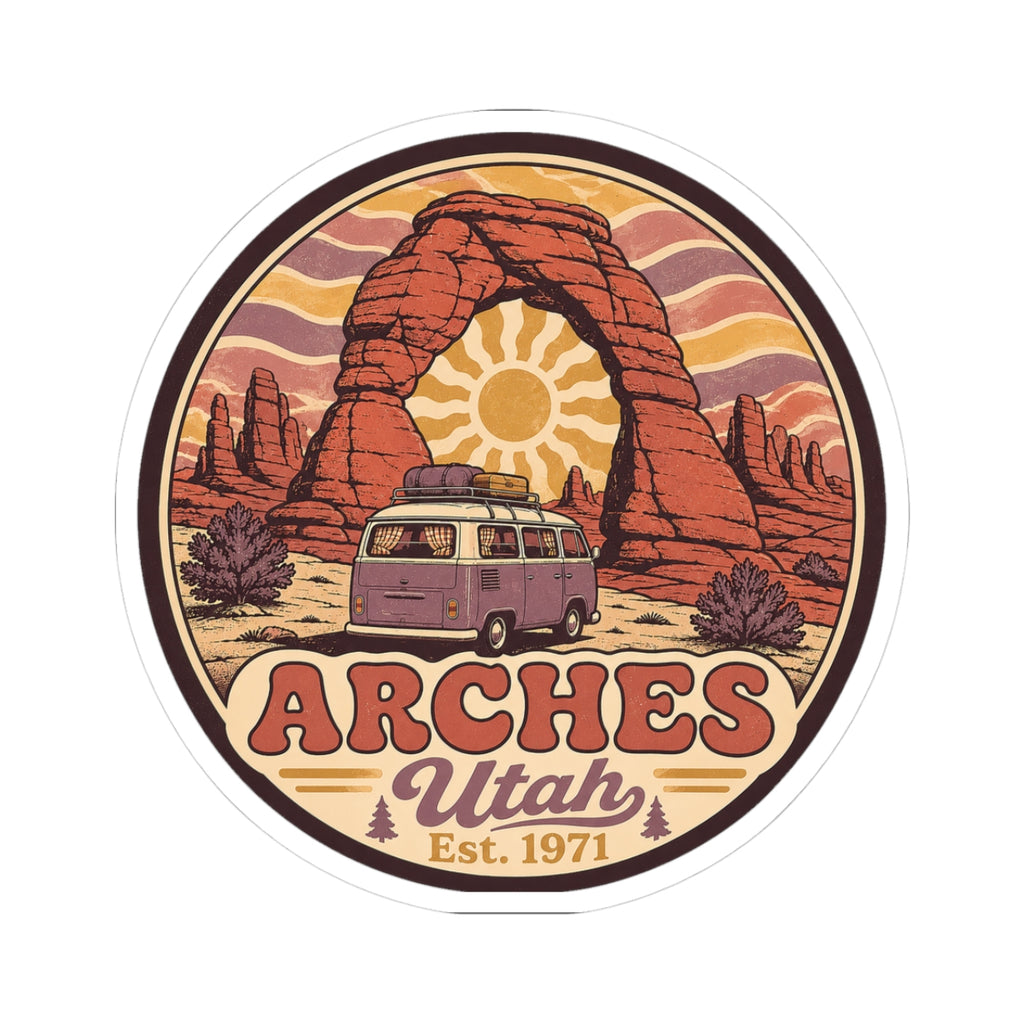 Round sticker with red rock arch, camper van, and text "ARCHES Utah Est. 1971"