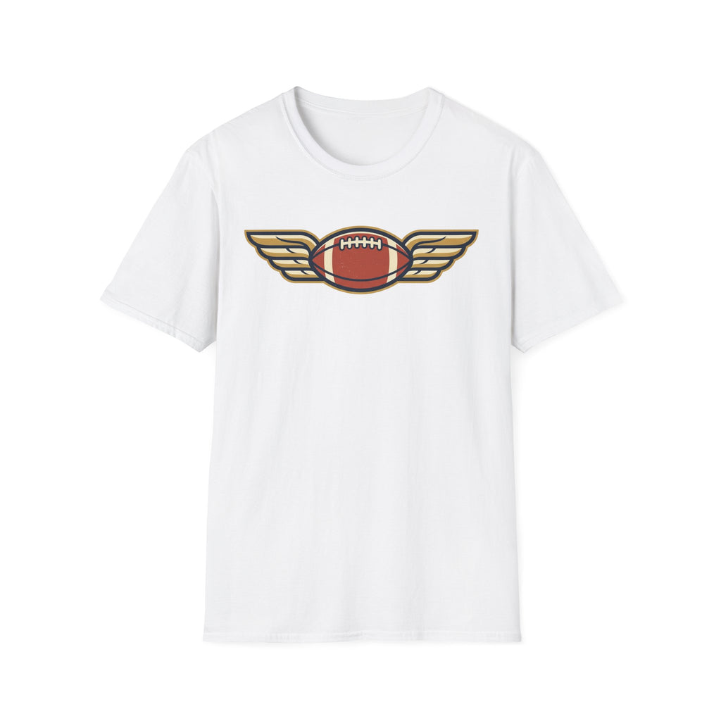 White T-shirt with winged football graphic on the chest
