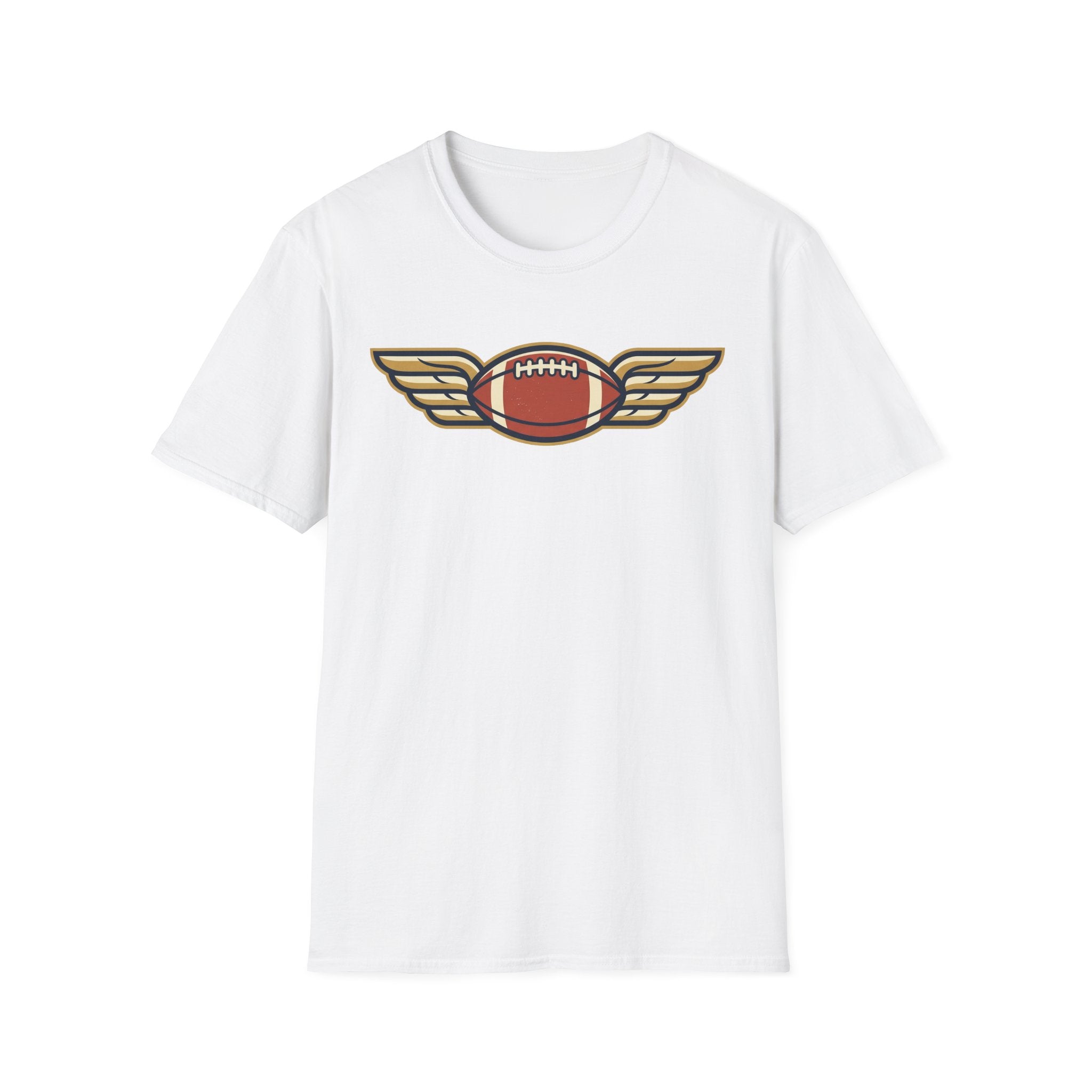 White T-shirt with winged football graphic on the chest
