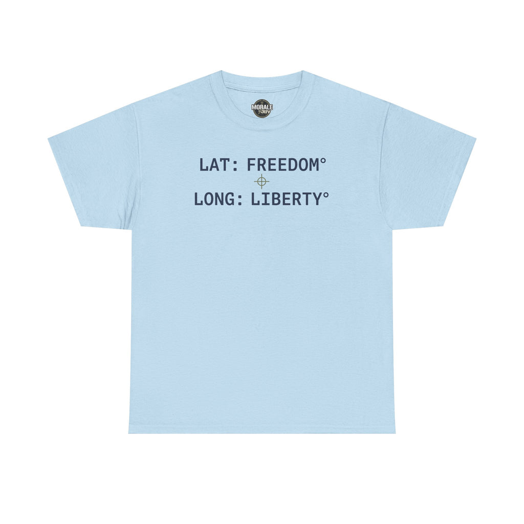 Light blue T-shirt with "LAT: FREEDOM" and "LONG: LIBERTY" graphic