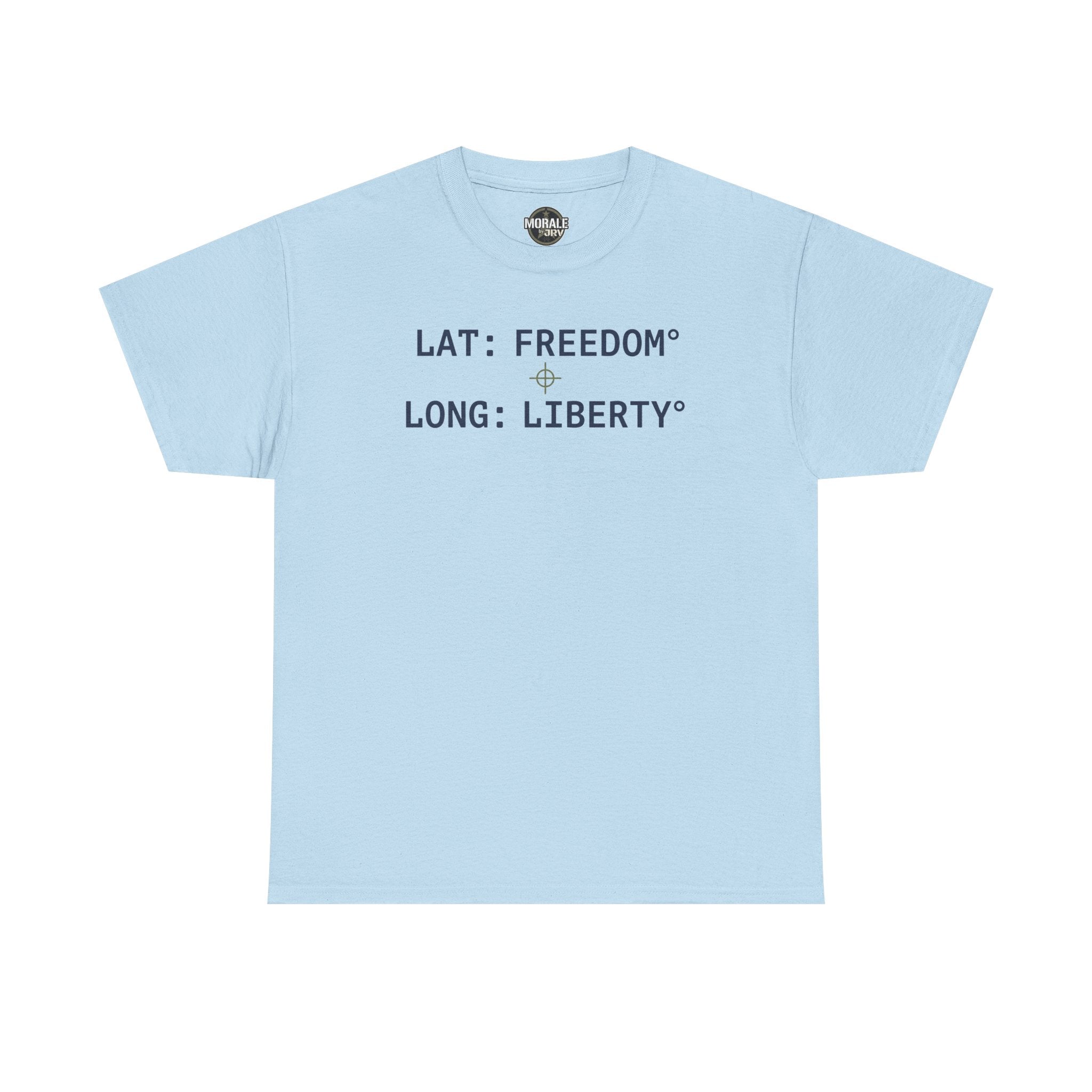 Light blue T-shirt with "LAT: FREEDOM" and "LONG: LIBERTY" graphic