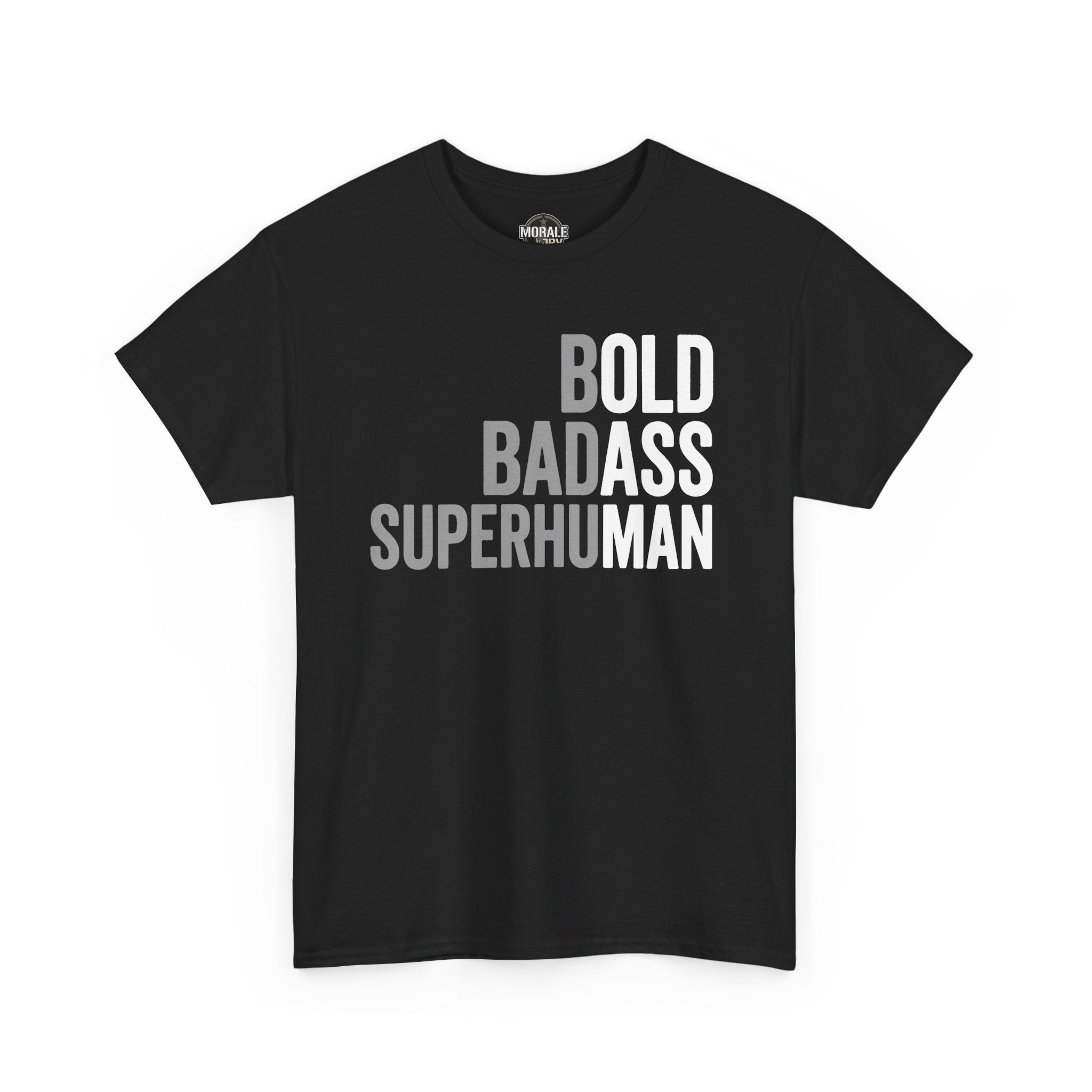 Men's black graphic t-shirt with Bold Badass Superhuman slogan print