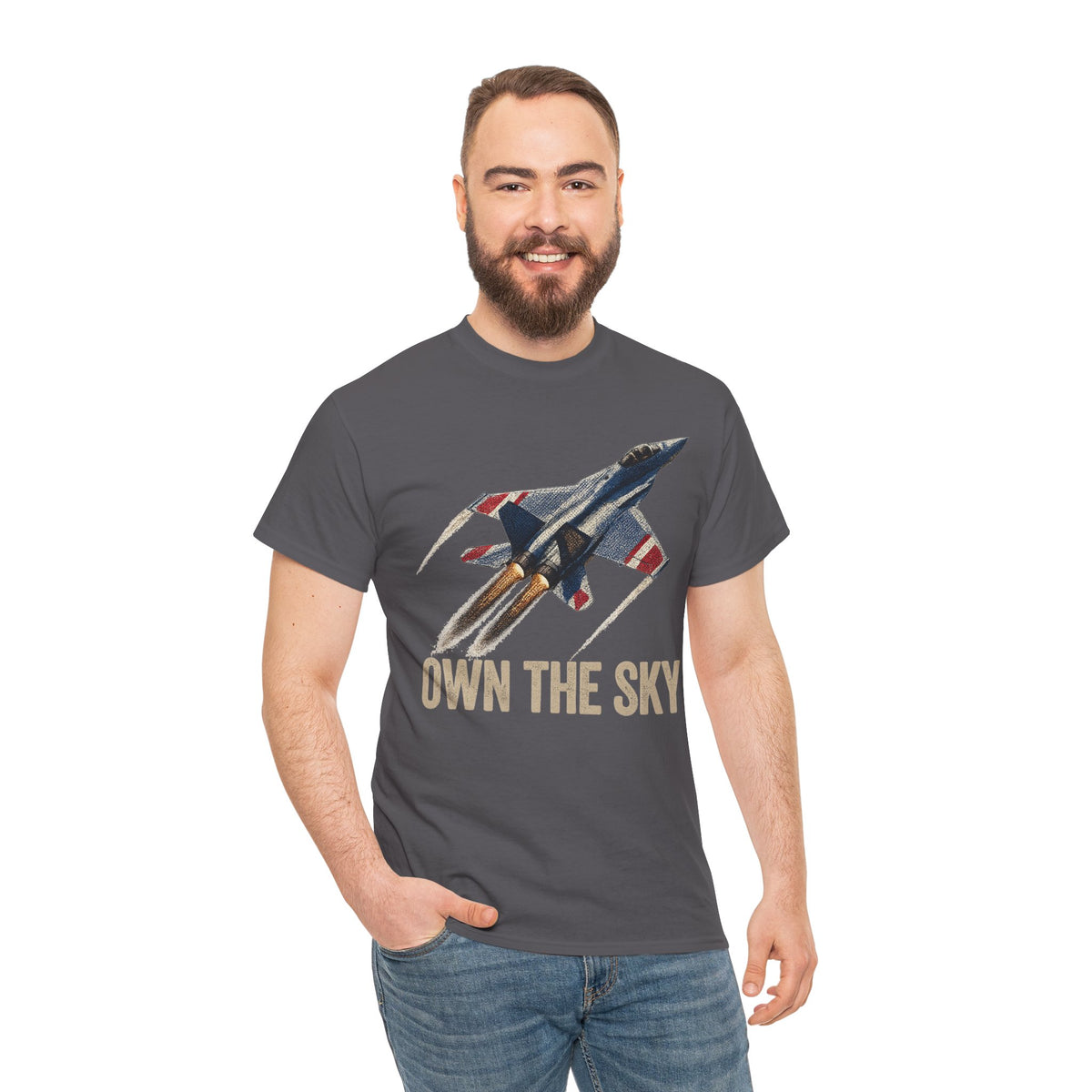 Charcoal T-shirt with fighter jet art and 'OWN THE SKY' text on chest
