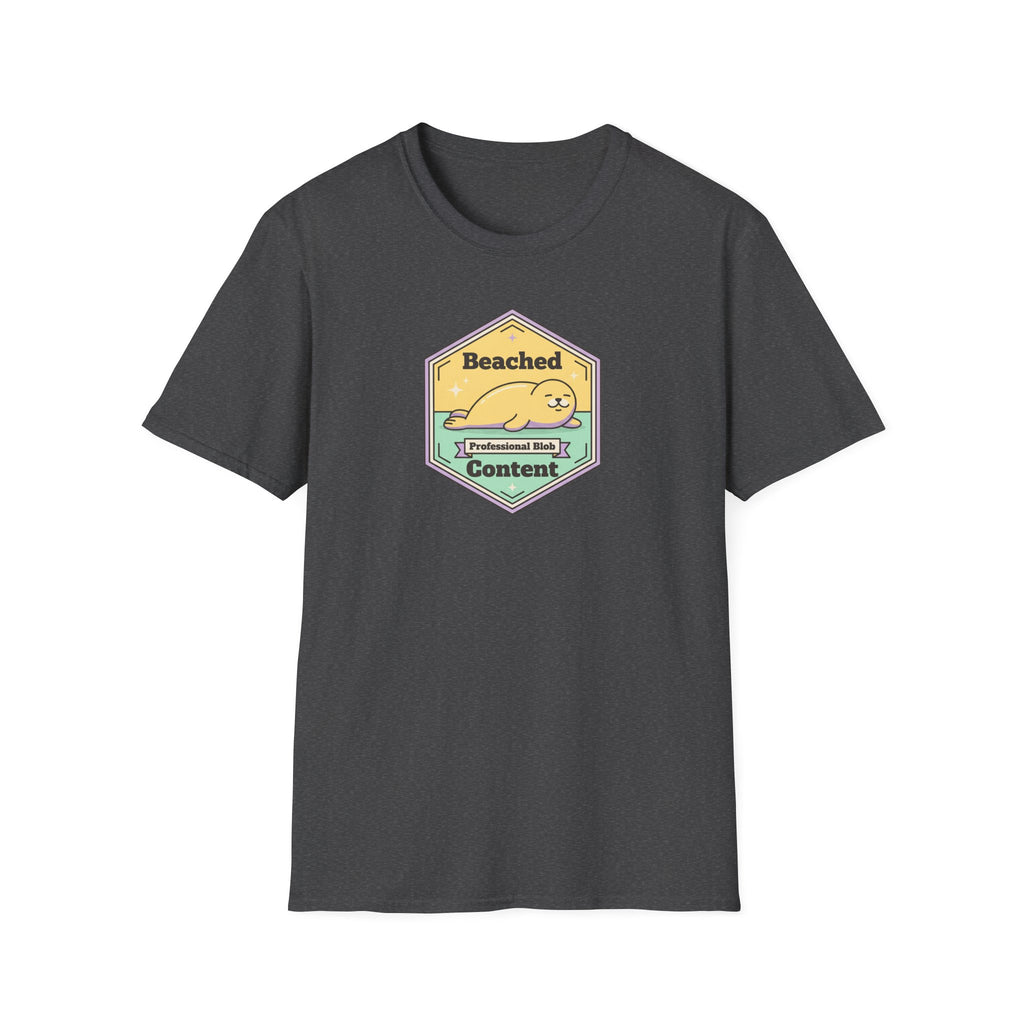 Dark gray T-shirt with Beached Content seal badge graphic on the front