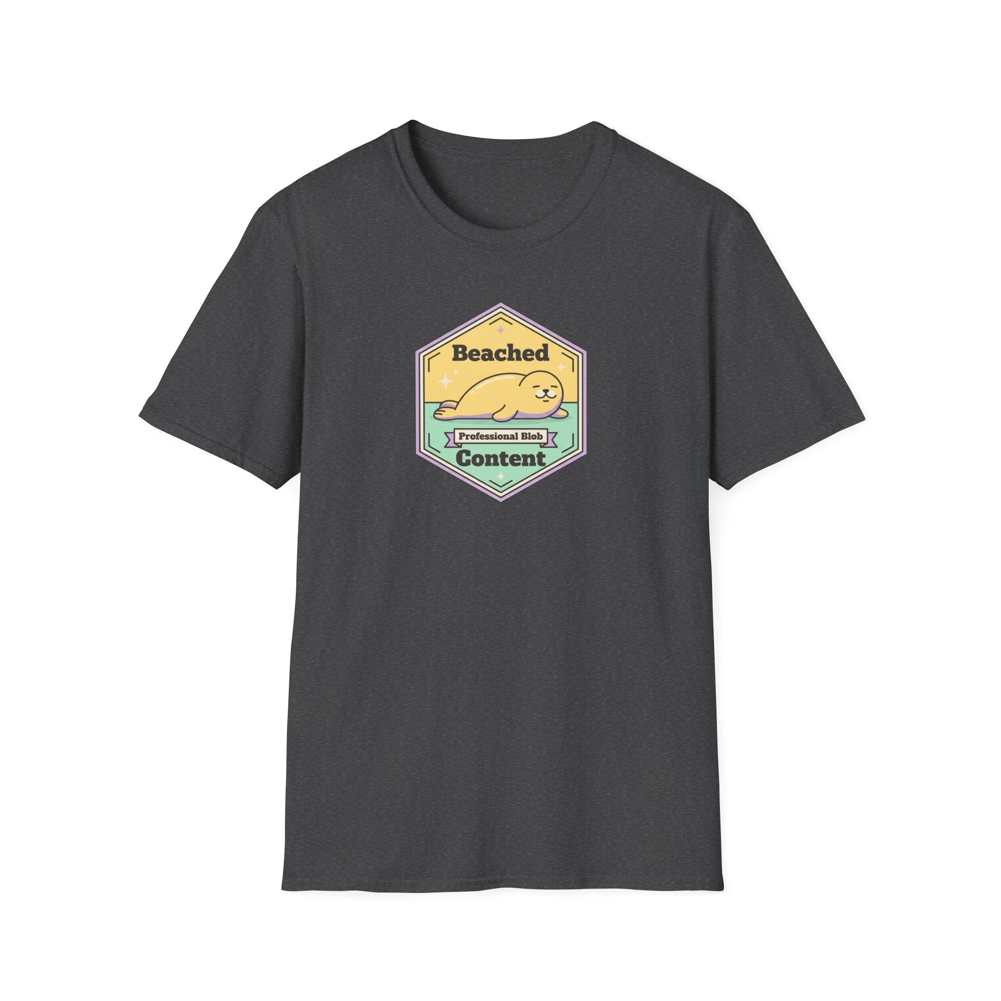 Dark gray T-shirt with Beached Content seal badge graphic on the front