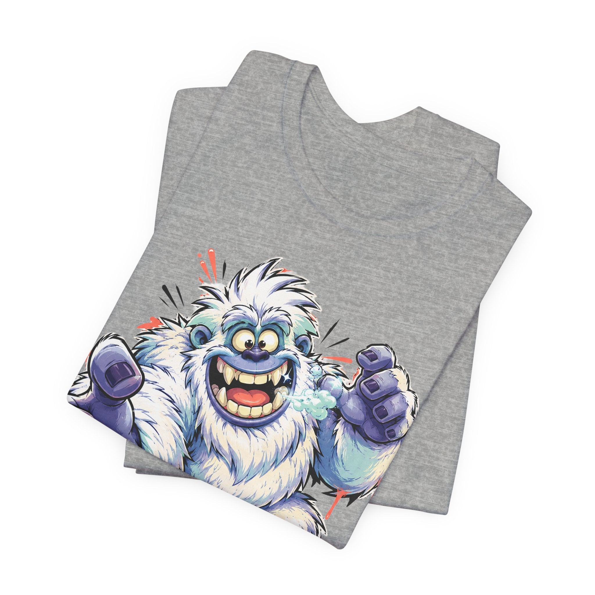 Heather gray T-shirt with cartoon blue yeti monster print and purple hammer.