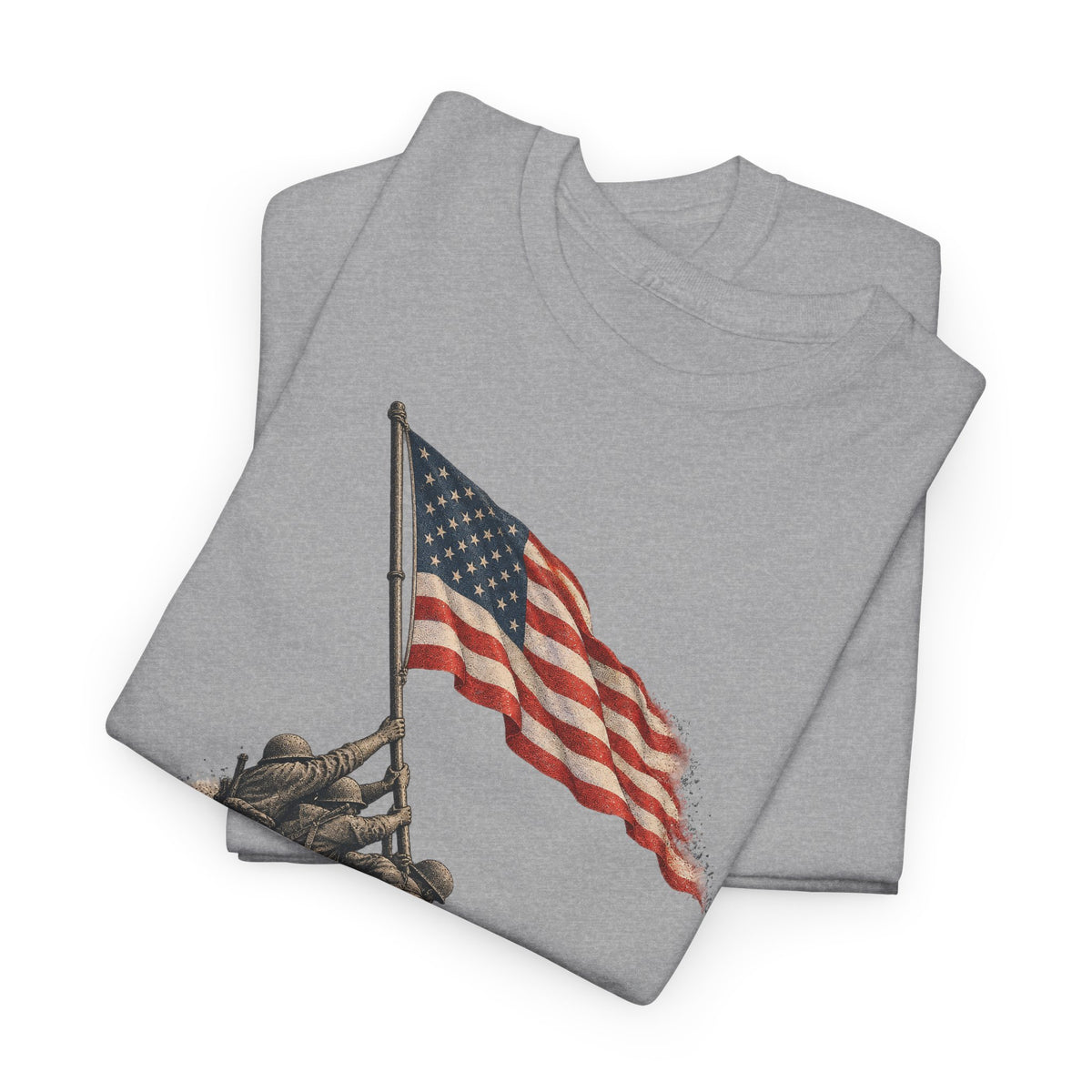 Light gray crewneck T-shirt with flag-raising graphic front