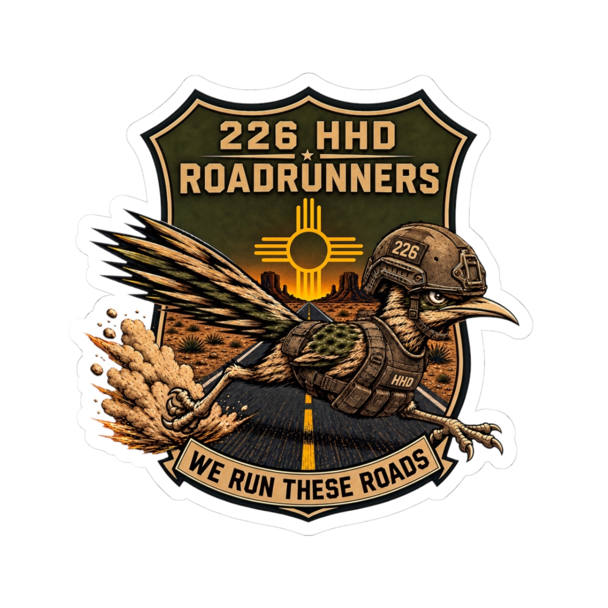 226 HHD Roadrunners Sticker — Military Unit Helmet Emblem (We Run These Roads)