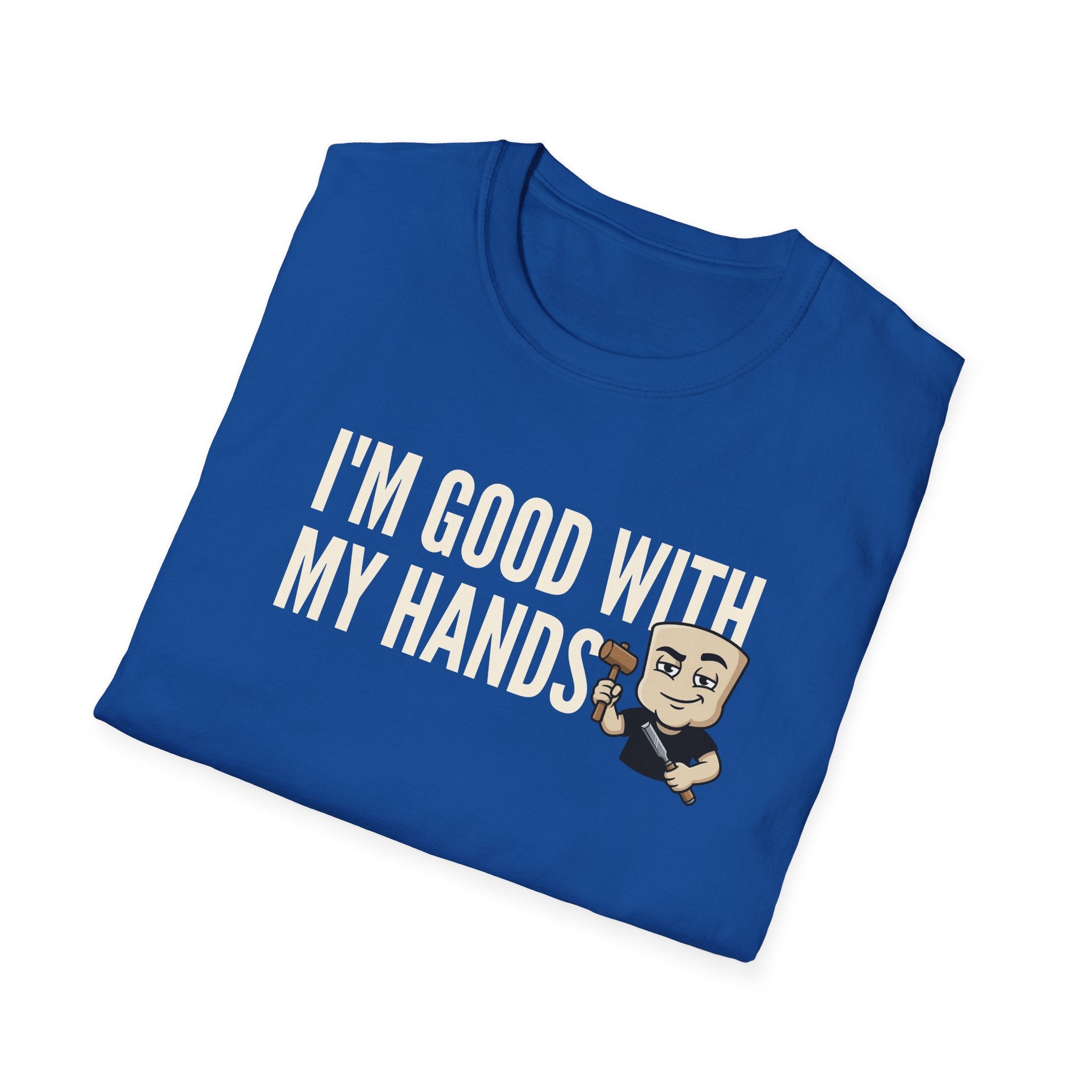 Royal blue T-shirt with crew neck, 'I'M GOOD WITH MY HANDS' print and cartoon builder