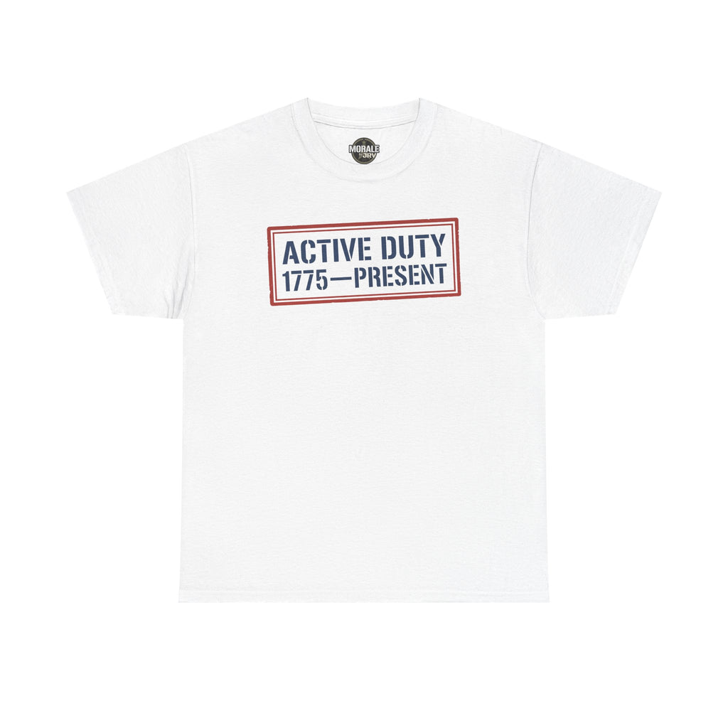 White crew neck tee with red and blue “Active Duty 1775–Present” chest logo