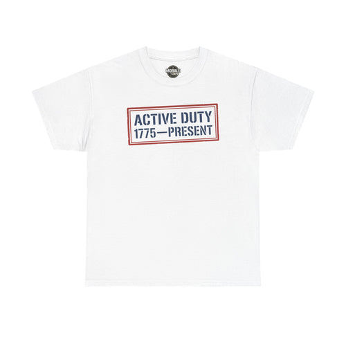 White crew neck tee with red and blue “Active Duty 1775–Present” chest logo