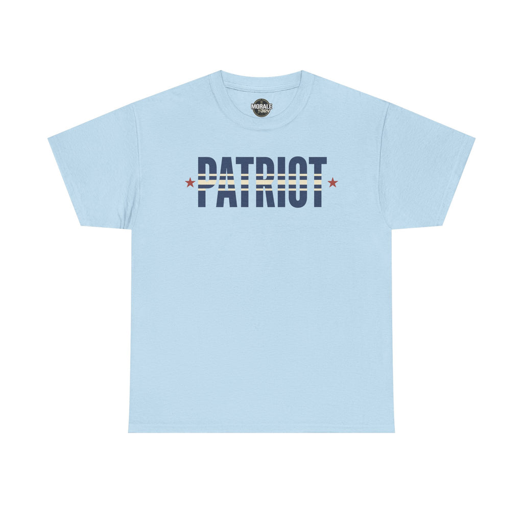 Light blue patriot stripe T-shirt with PATRIOT logo print and red stars