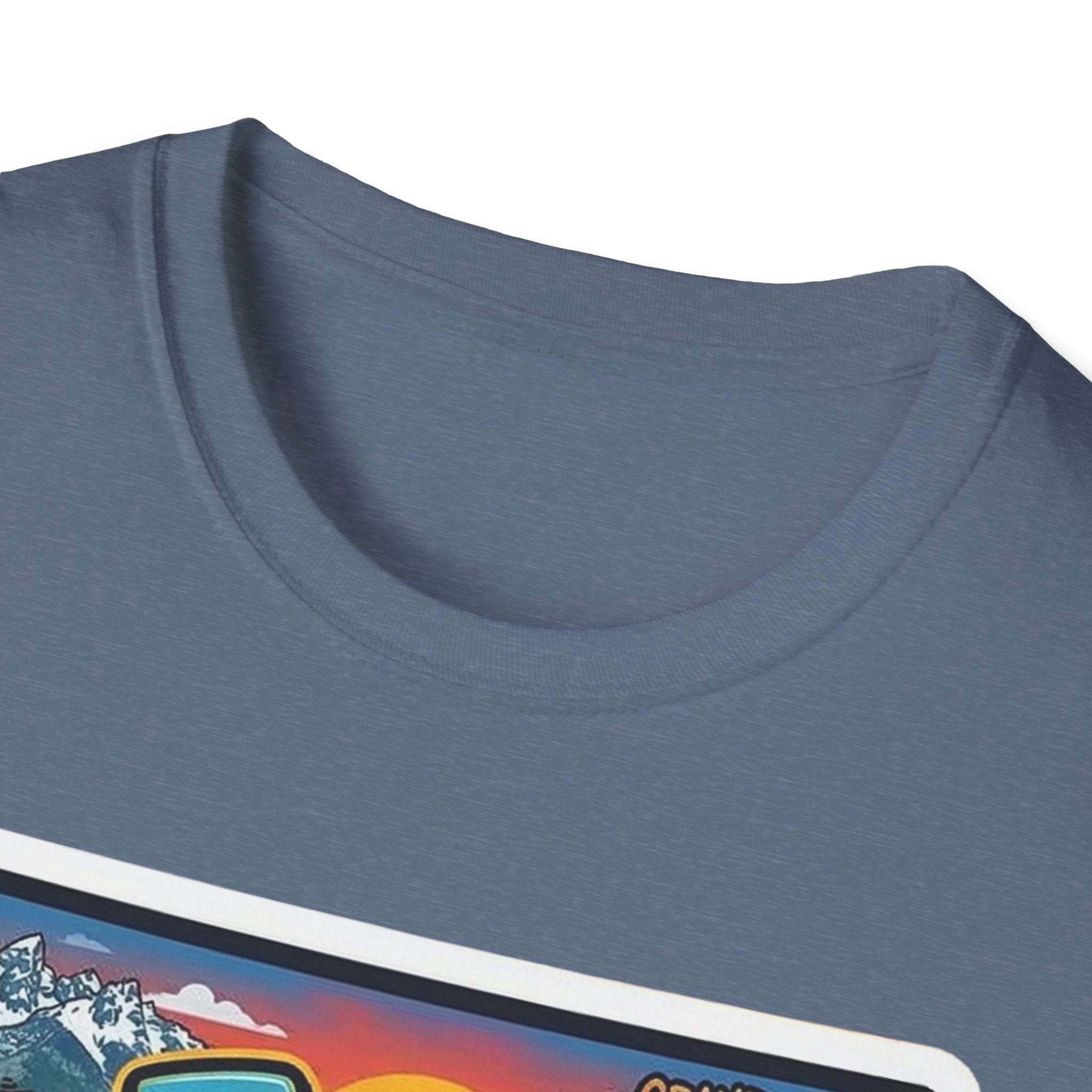 Heather blue T-shirt neckline close-up