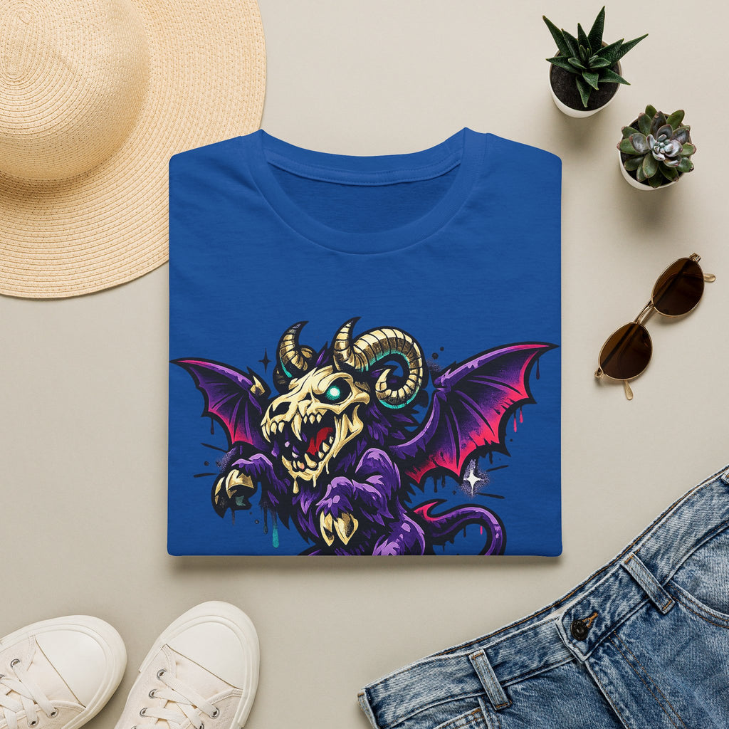 Royal blue gothic monster T-shirt with purple bat-skull ram creature graphic