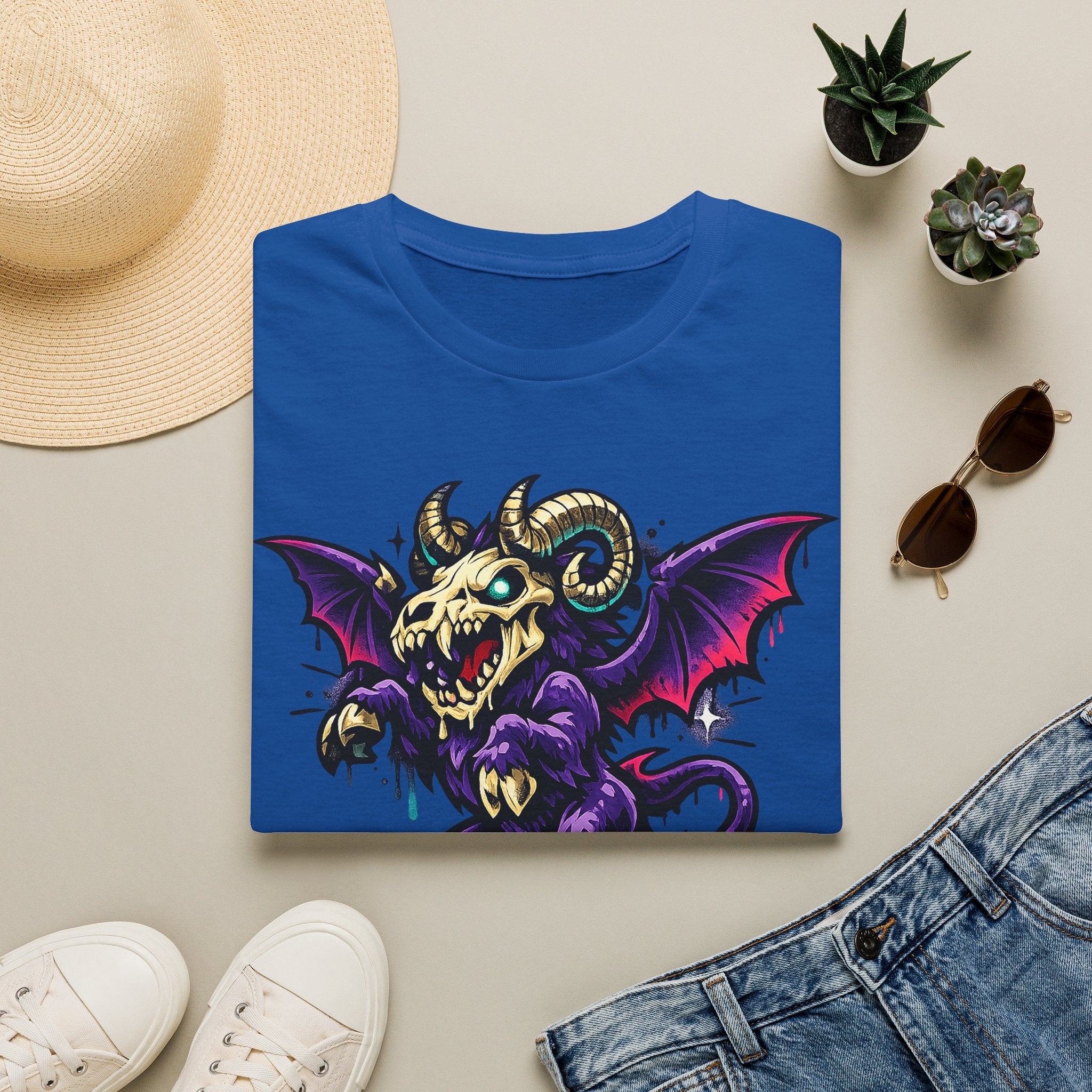 Royal blue gothic monster T-shirt with purple bat-skull ram creature graphic