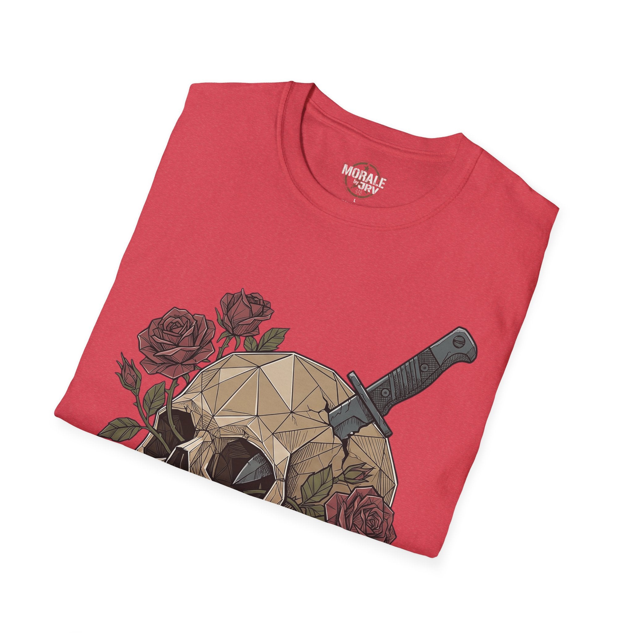 Red gothic T-shirt with geometric skull, dagger and roses graphic