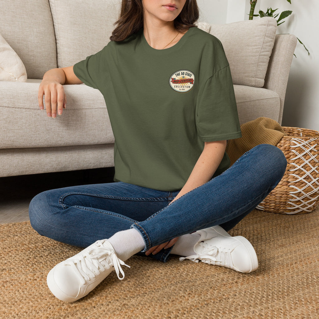 Military green T-shirt with round chest logo patch and short sleeves
