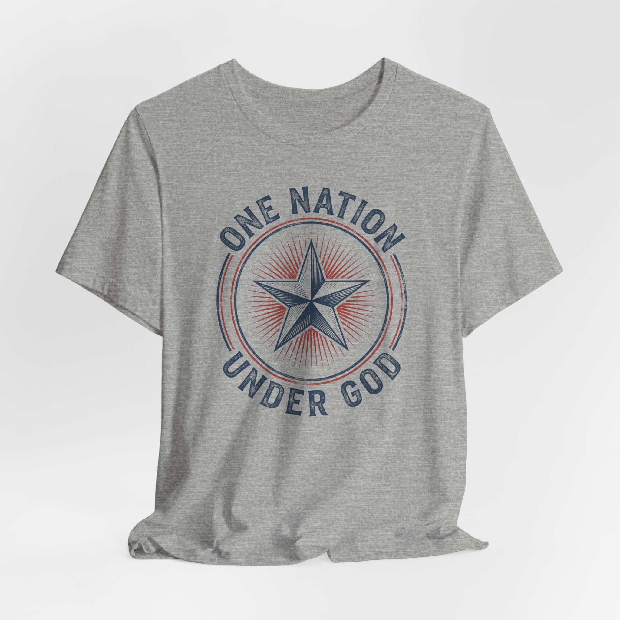 Heather gray t-shirt with a front circular star emblem and curved text graphic.