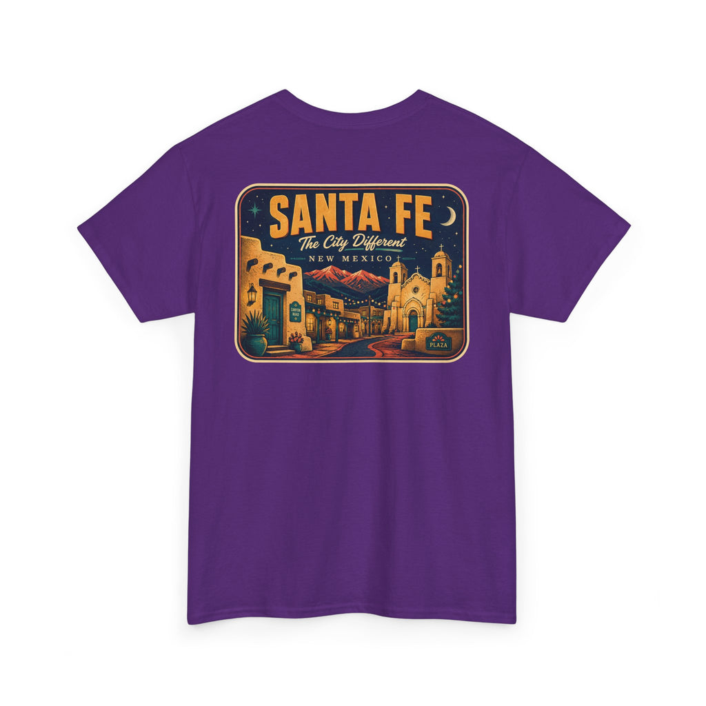 Purple T-shirt with Santa Fe vintage luggage tag graphic on chest