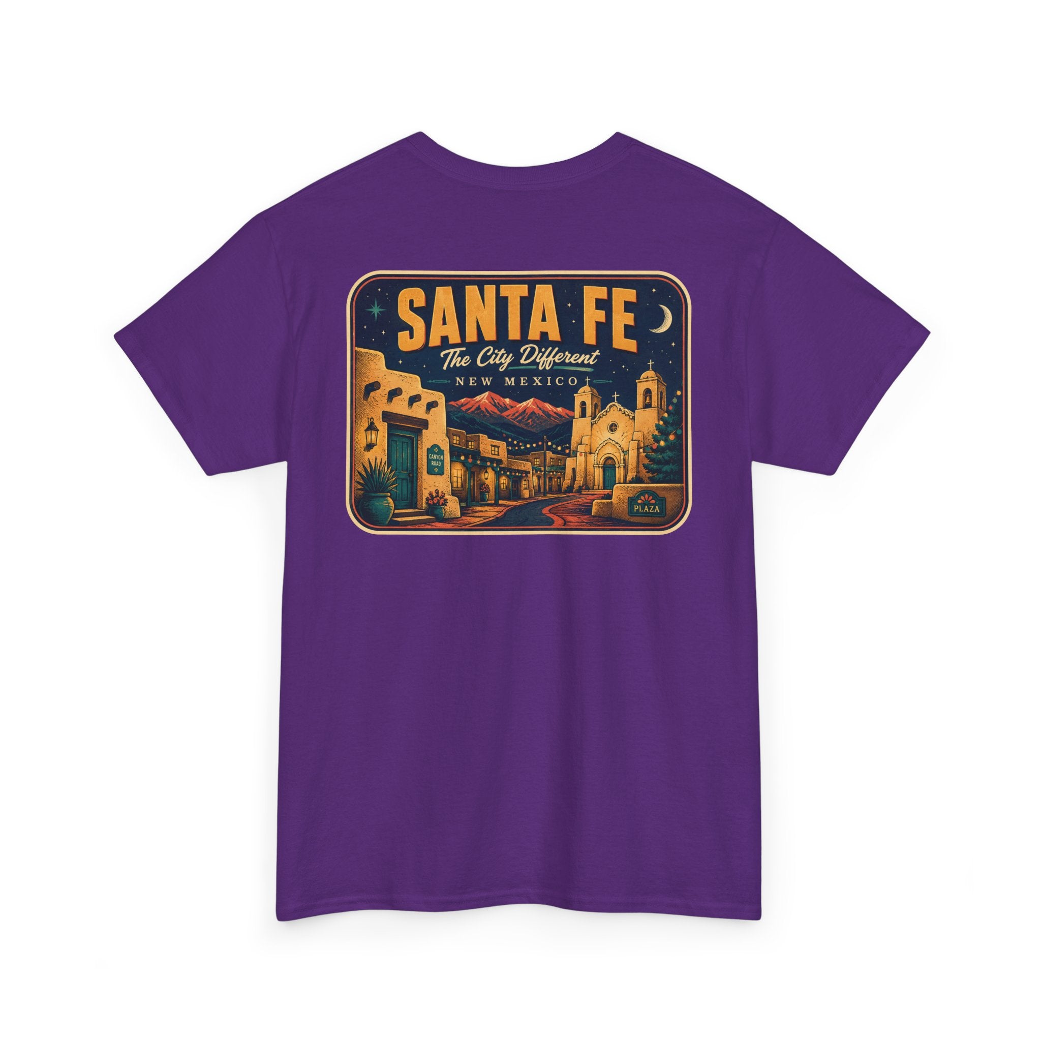 Purple T-shirt with Santa Fe vintage luggage tag graphic on chest
