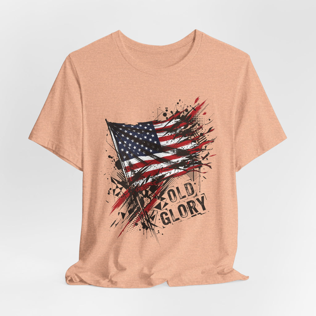 Distressed American flag t-shirt, peach, crew neck, front graphic