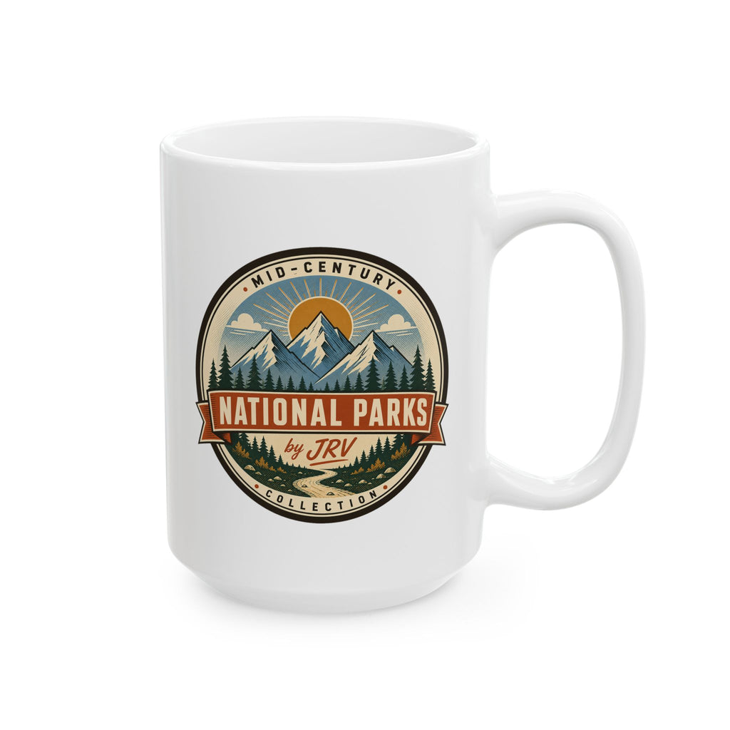White ceramic mug with National Parks by JRV emblem and curved right handle