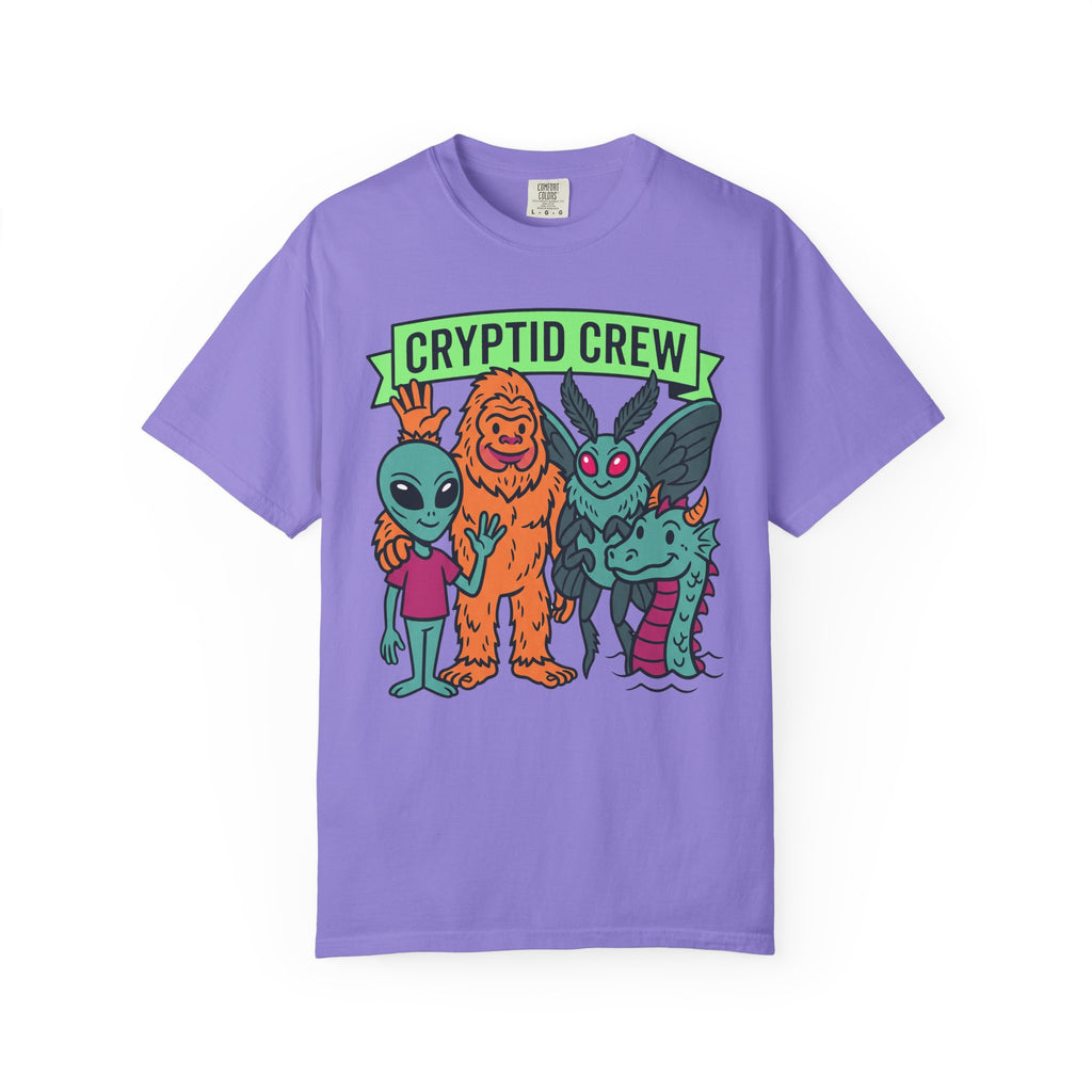 Purple crew neck t-shirt with “CRYPTID CREW” cartoon cryptid group graphic