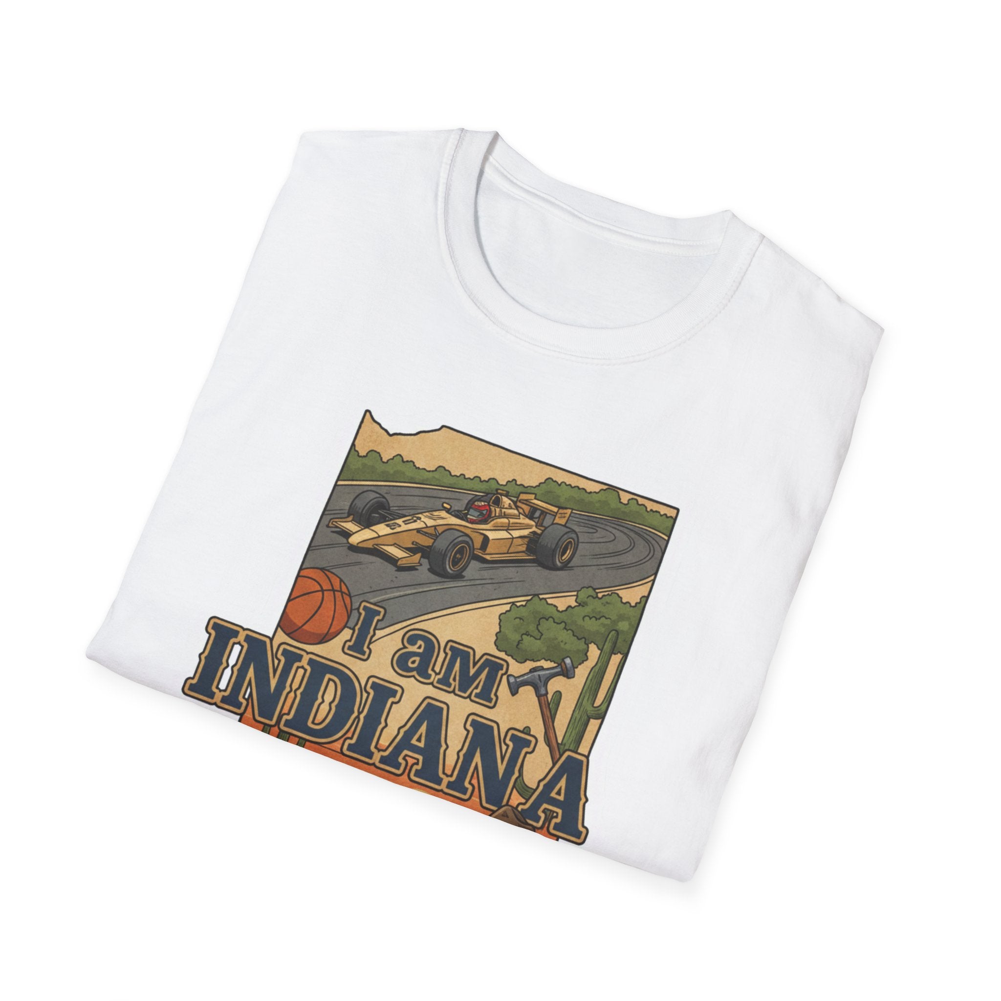 I Am Indiana T-shirt, white front print: Indiana outline, basketball and race car