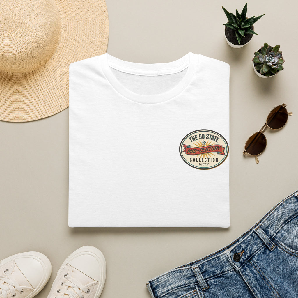 White T-shirt with small round vintage badge graphic on the chest