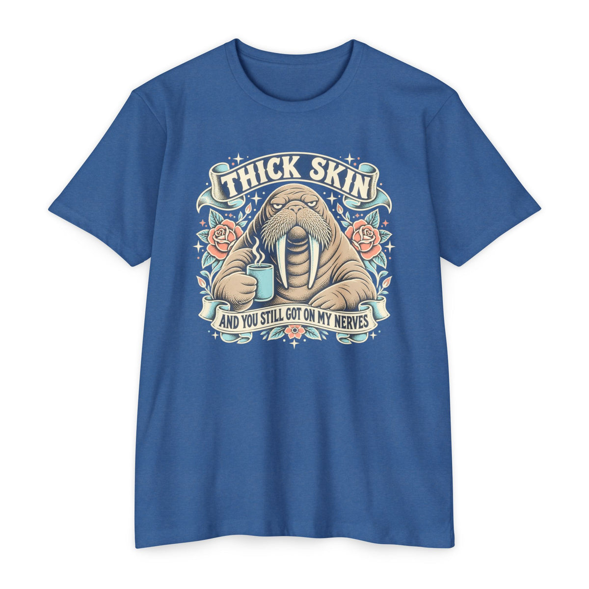 Walrus graphic t-shirt in medium blue with front chest logo and ribbon lettering
