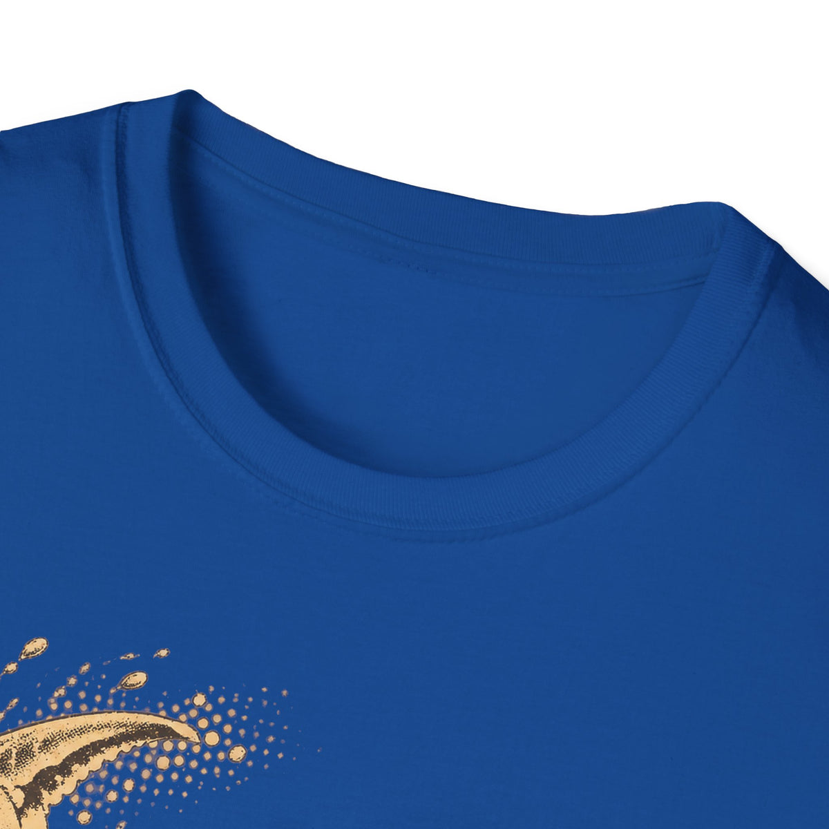 Royal blue crew-neck T-shirt with gold crab graphic detail near the hem.
