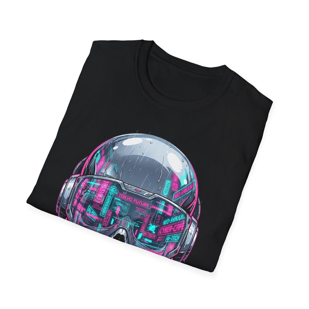 Black cyberpunk chrome skull visor T-shirt with neon chest graphic