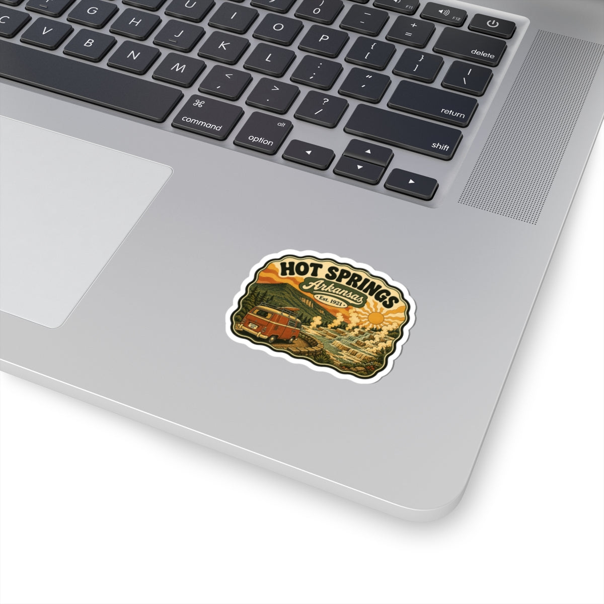 Hot Springs Arkansas vintage travel sticker with scenic lettering and white kiss-cut border