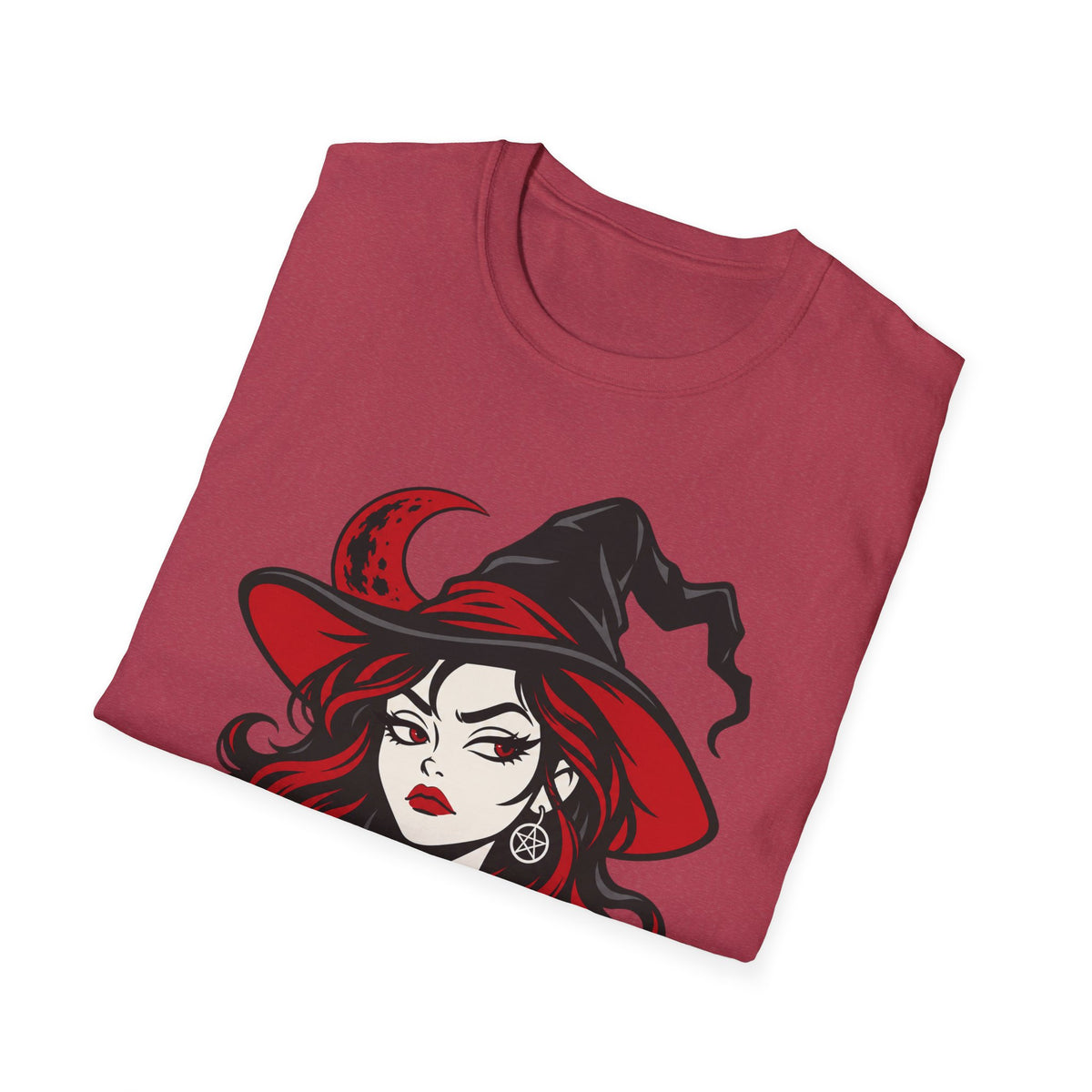 Red crew-neck T-shirt with witch face graphic and red hat