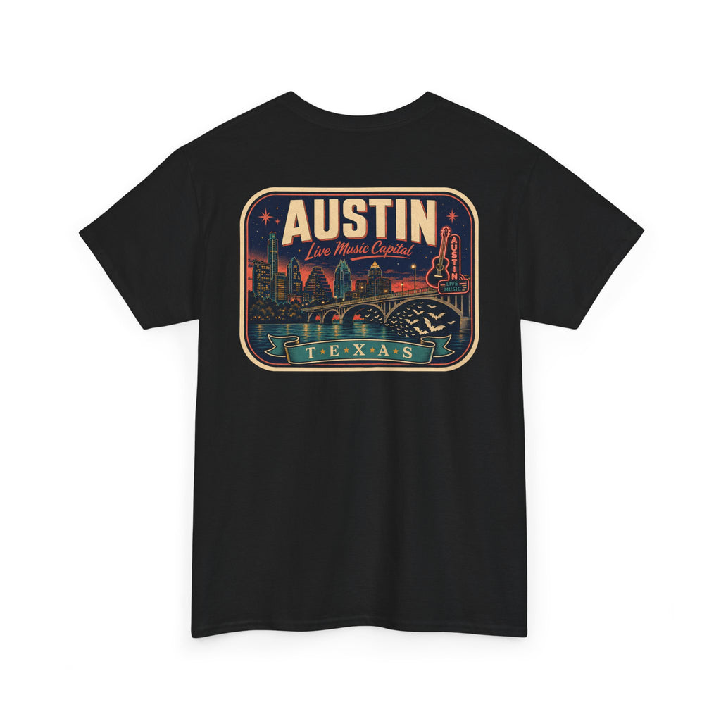 Black T-shirt with retro Austin Texas skyline badge graphic on front