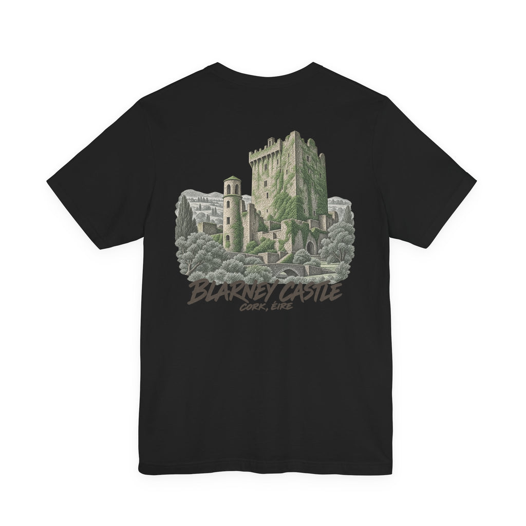 Black T-shirt with Blarney Castle graphic and arched text across chest