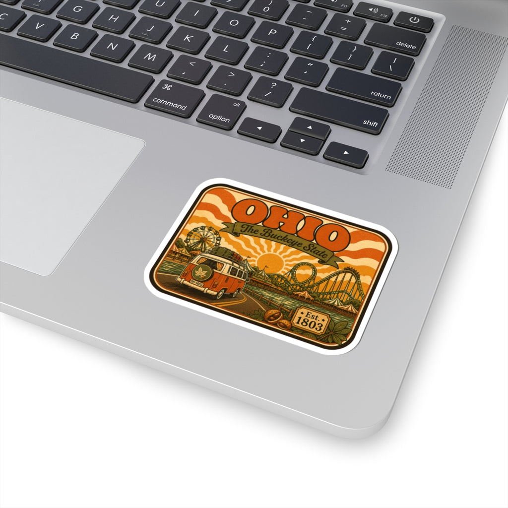 Ohio retro sticker on laptop keyboard, orange camper and rides, Est. 1803