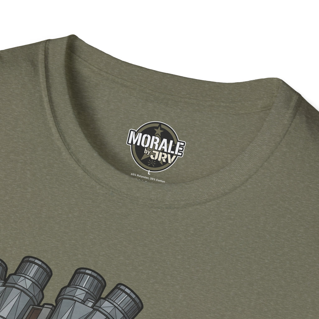 Olive green T-shirt neckline with circular “Morale by DRV” logo patch