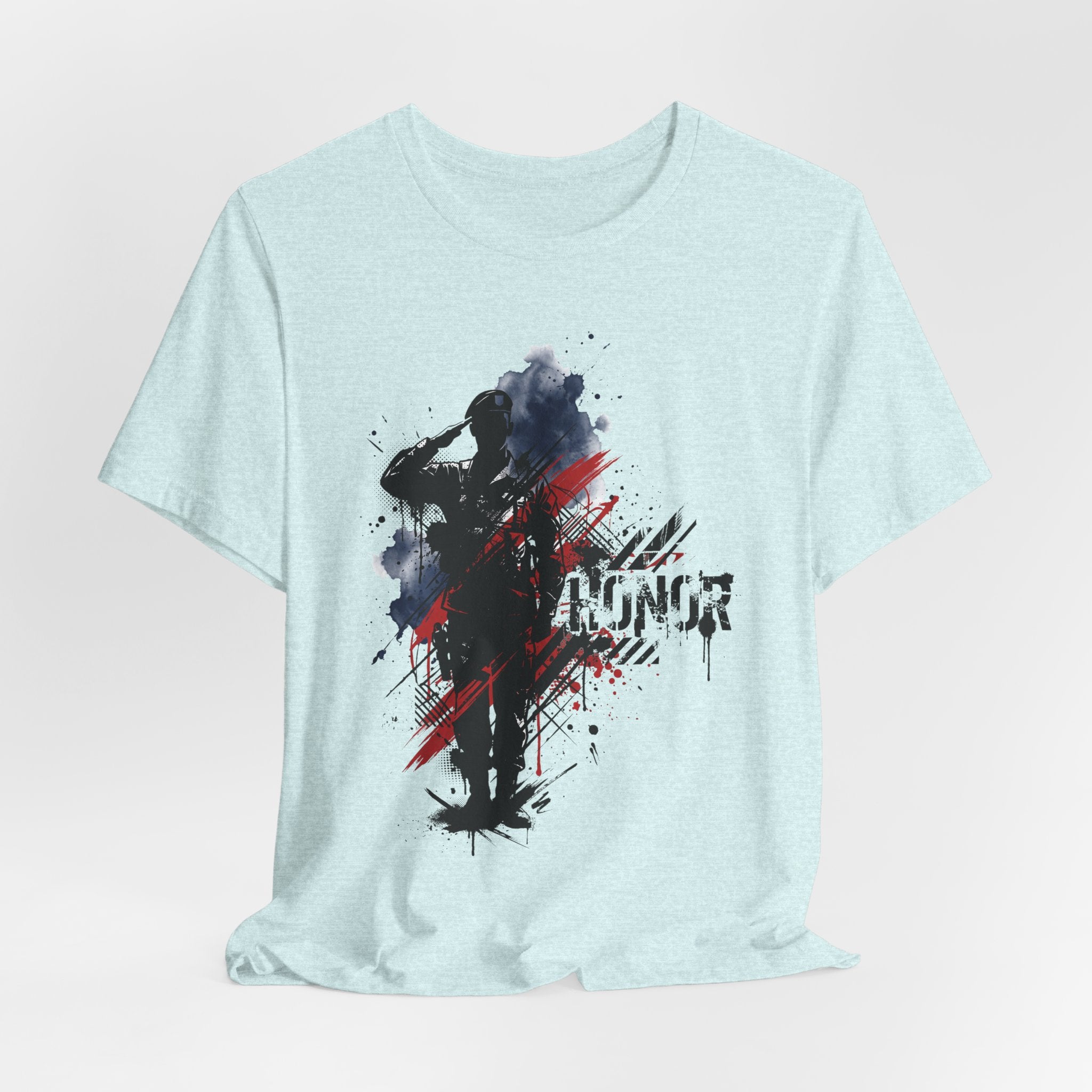 Light blue T-shirt with soldier graphic and distressed text on front