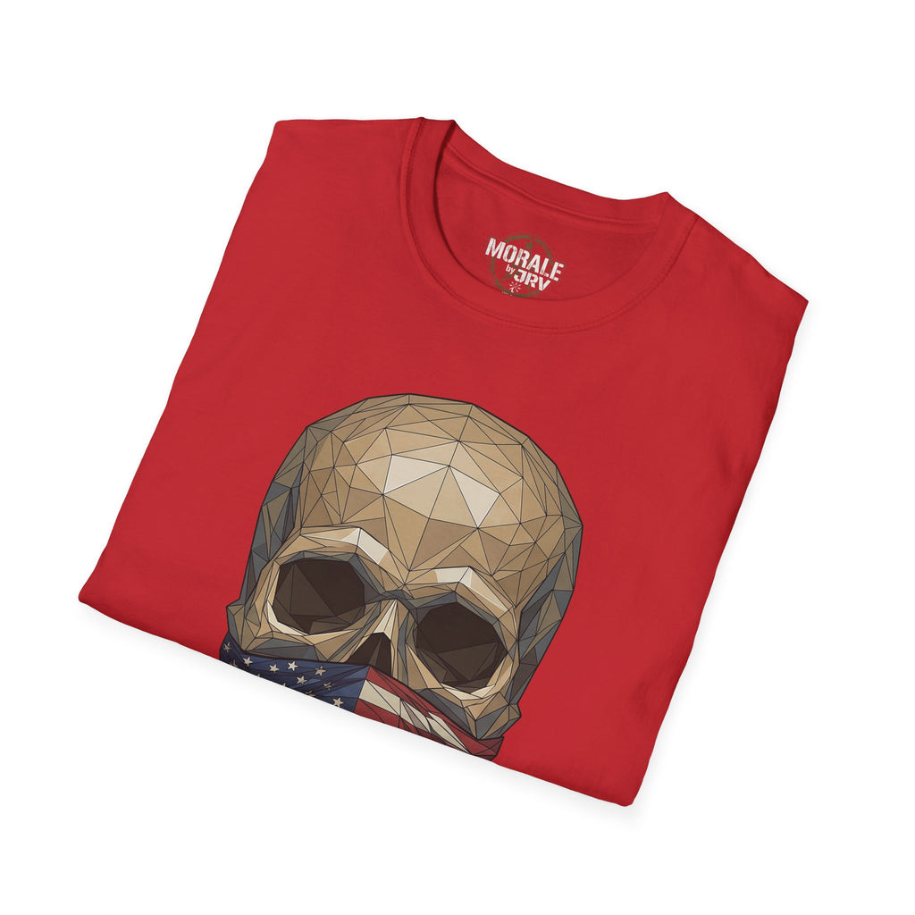 Red tee with geometric skull and American flag bandana graphic on front