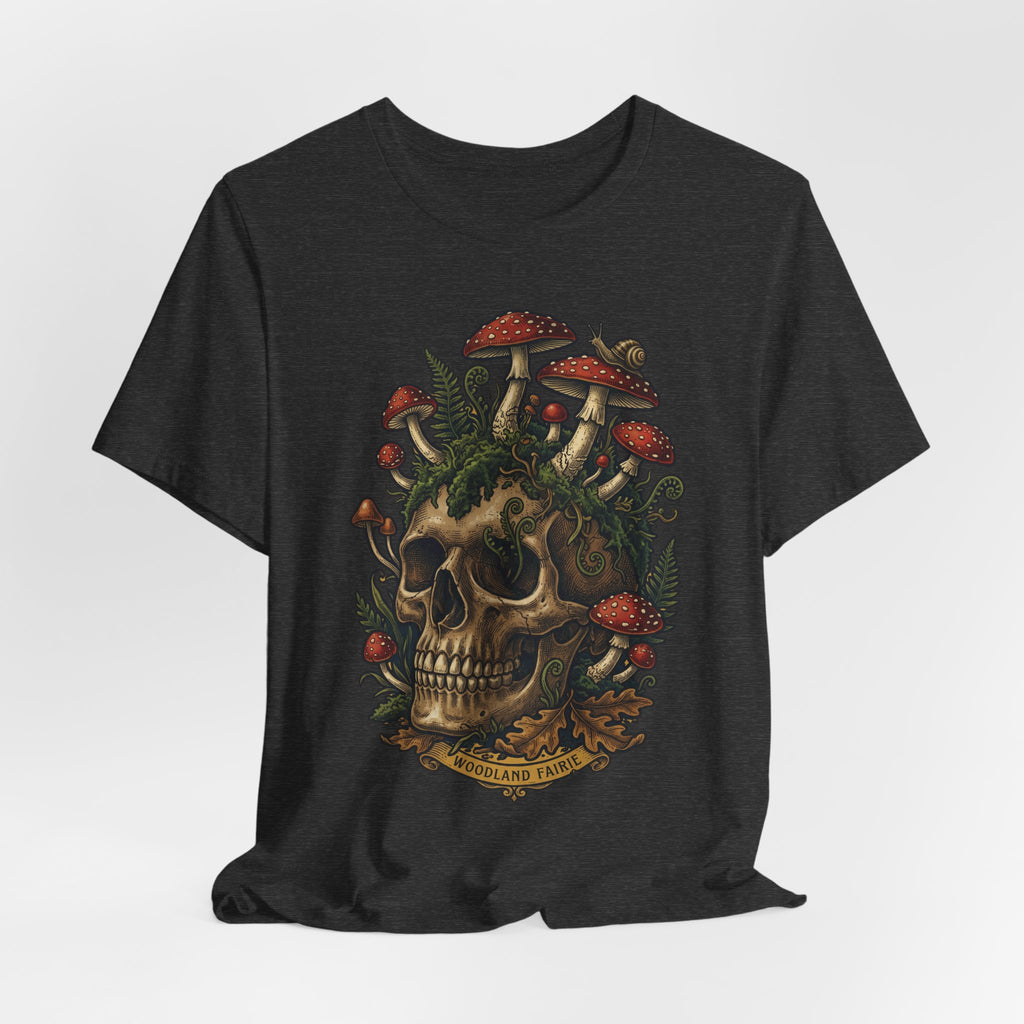 Mushroom skull graphic T-shirt, dark heather grey, front view with skull, mushrooms, and text